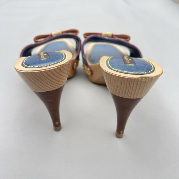 LOUIS VUITTOM Blue Monogram Denim Bow Platform Slide Mules, Size 37.5 US 7 - Picture 5 of 13